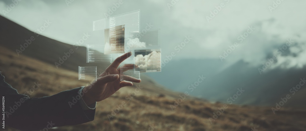 Poster Transparent Virtual Interface Panel with Cloud Storage and Network Icons Over Mountain Landscape - Modern Tech and Digital Infrastructure Concept