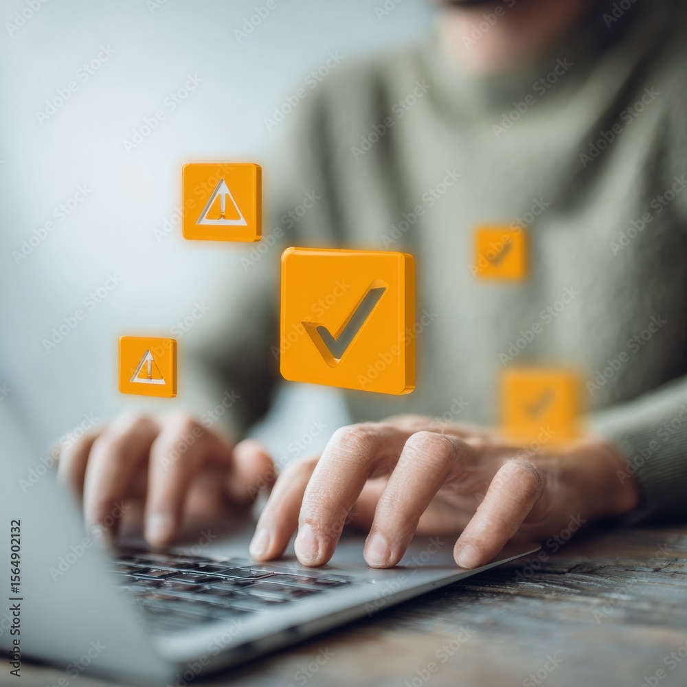 Aufkleber Digital Error Correction Engineer Using Laptop with Virtual Warning Icons for Proactive System Monitoring and Efficient IT Workflow in Modern Tech Environment