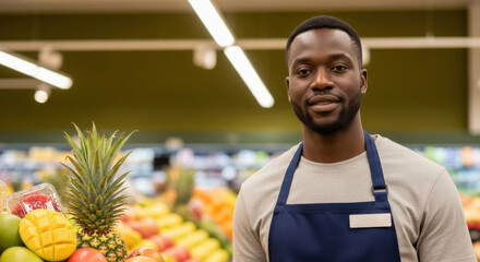Confident grocery store worker in blue apron smiling near fresh fruit display in supermarket produce section, emphasizing service and healthy food choices