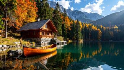 canadian cabin by the lake with canoe and mountains photo