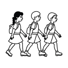school kids marching line art illustration