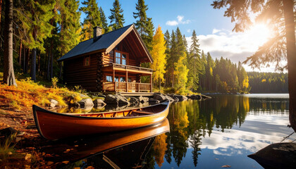 Obraz premium canadian cabin by the lake with canoe and mountains photo
