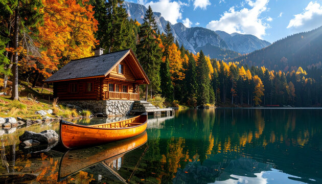 canadian cabin by the lake with canoe and mountains photo