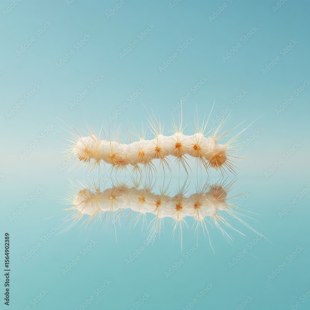 Poster macro view of spiny mosquito larva on reflective surface with pastel blue background symbolizing sci