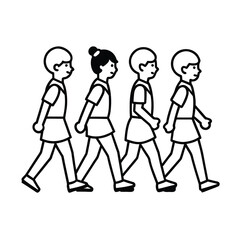 school kids marching line art illustration