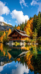 Fototapeta premium canadian cabin by the lake with canoe and mountains photo