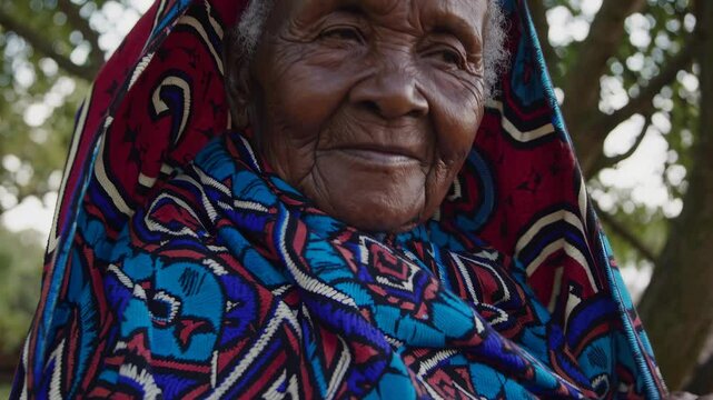 African elderly woman from tribe dressed in colorful traditional attire enjoys a moment outside in a natural setting. She radiates warmth and kindness while surrounded by greenery