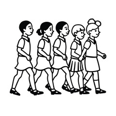 school kids marching line art illustration