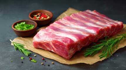 Fototapeta premium Raw pork ribs on butcher paper with seasonings laid nearby, clean meat preparation concept with space
