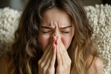 Seasonal sickness concept: Young woman with a common cold, sneezing on the sofa, Generative AI