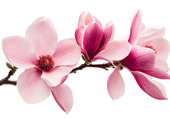 Beautiful magnolia flowers isolated on a white background, PNG clipart cutout with no shadow, in a pink color.
