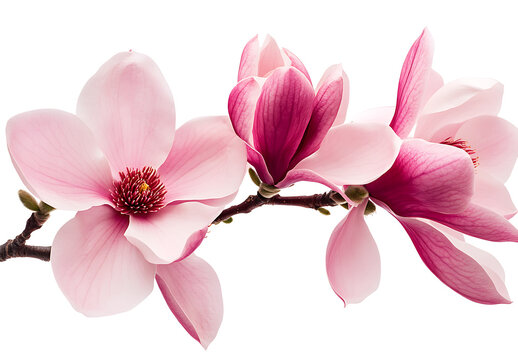 Beautiful magnolia flowers isolated on a white background, PNG clipart cutout with no shadow, in a pink color.