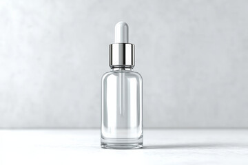 Clear glass serum bottle with dropper, featuring sleek silver cap. minimalist design emphasizes elegance and simplicity, perfect for skincare products