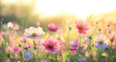 Beautiful meadow with colorful cosmos flowers in the morning sun, white background, panoramic view, bokeh effect, bright and vibrant colors, soft focus on details, peaceful atmosphere.