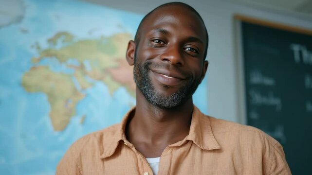 Confident teacher smiling in classroom with world map background