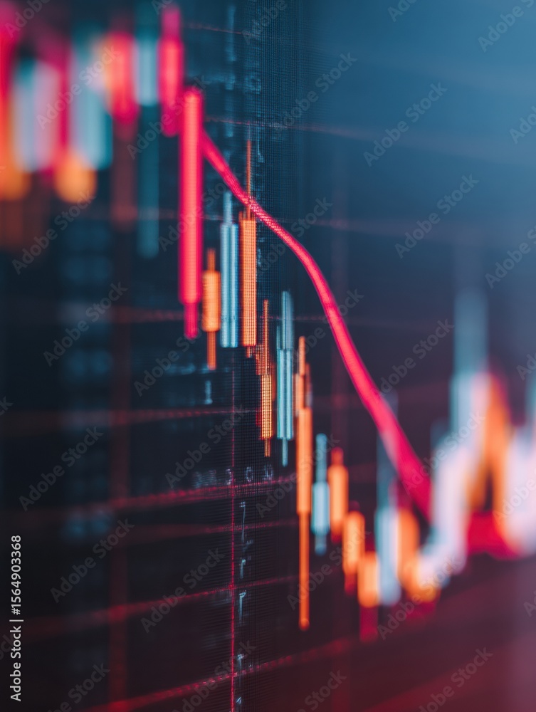 Poster digital candlestick chart showing steep downtrend on dark interface with technical data financial cr