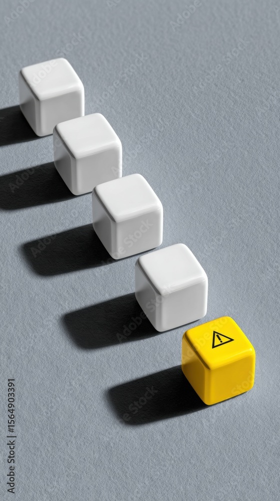 Poster Minimalist row of white cubes with checkmarks and a single yellow warning cube on gray surface symbolizing error correction and risk detection for workplace safety