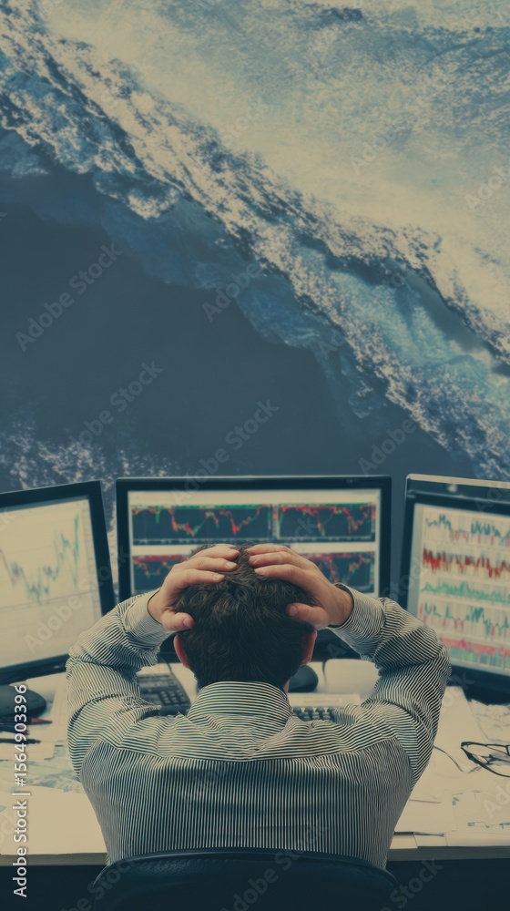 Aufkleber professional stock trader experiencing market crash stress in modern office authentic financial cris
