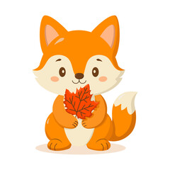 Cute cartoon fox holding a red autumn leaf. Adorable woodland animal illustration perfect for children's products, greeting cards, stickers, and seasonal designs.