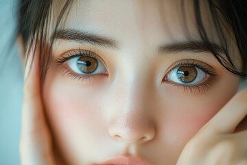 Lack of sleep problem: Worried Asian young woman pointing at dark circles under her eyes, Generative AI