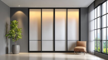 Sliding cabinet doors made of frosted glass with minimal frames, contemporary home style with open space