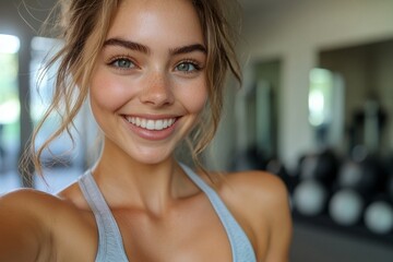 Fitness model taking a selfie in the gym, celebrating her fitness journey with confidence and motivation, Generative AI