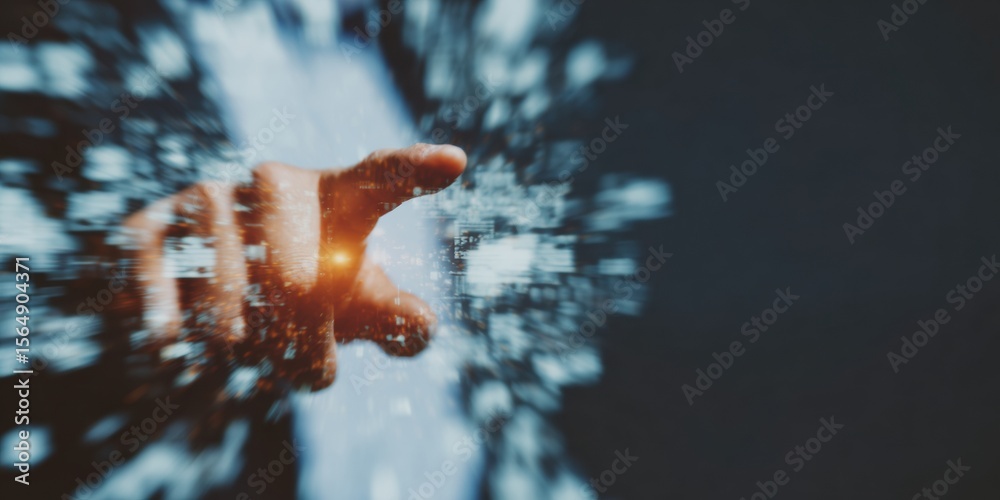 Poster futuristic loss mitigation interface with businessmans hand interacting, digital risk management and