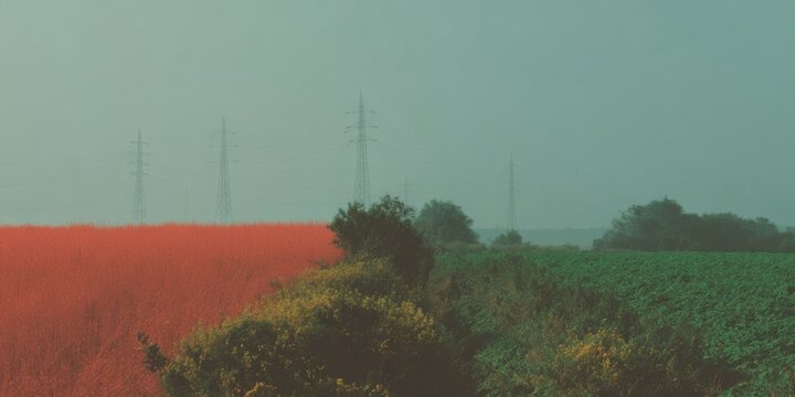 Predictive analytics graph overlay on electric transmission towers in rural landscape, showcasing energy demand forecasting and infrastructure optimization