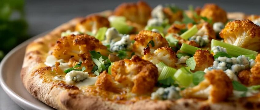Closeup sequence of rotating gourmet cauliflower and celery pizza with blue cheese