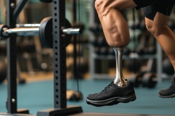 Person with a prosthetic leg engages in workout at a well-equipped gym focusing on fitness and adaptation techniques