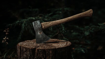 Old axe embedded in stump in dark forest