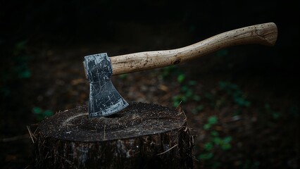Old axe embedded in tree stump in forest