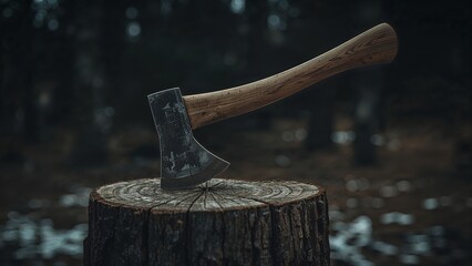 Old axe embedded in tree stump in winter forest