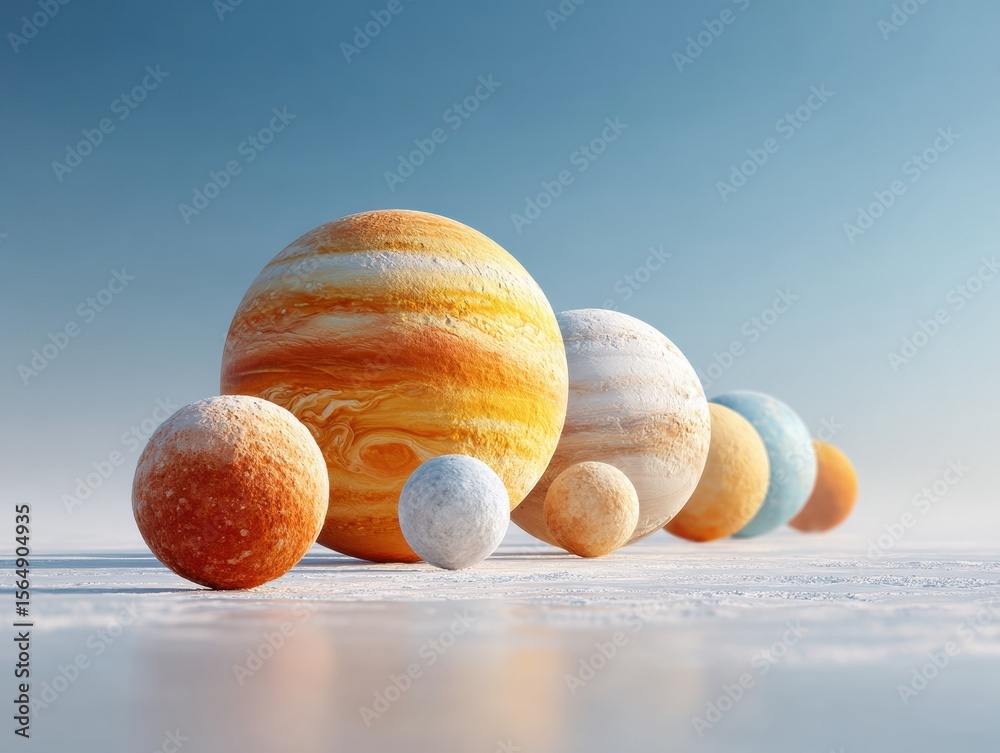 Poster Planet Alignment of Multiple Textured Planets in Row with Ethereal Stars and Cosmic Glow for Science Research and Digital Marketing Concepts