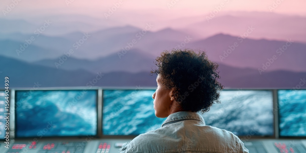 Poster Modern Emergency Response Specialist Monitoring Wildfire Data on Multiple Screens at Sunset with Mountain View for Crisis Management