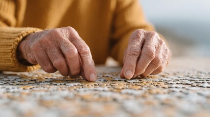 Focused senior hands assembling a large jigsaw puzzle at home, promoting cognitive wellness, teamwork, and social support for brain health and active aging