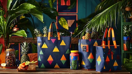 Totes adorned with geometric patterns amidst a tropical paradise ambiance design