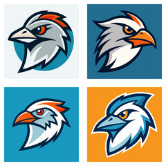 Fototapeta premium Four stylized bird head logos with different color schemes and backgrounds in a square arrangement