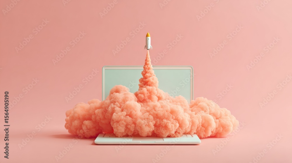 Poster Creative Startup Launch Concept with Laptop Rocket Taking Off Through Dense Cloud Plume on Soft Pink Background for Business Innovation
