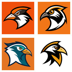 Obraz premium Four square images showing different bird head logos with various color schemes and designs shown here