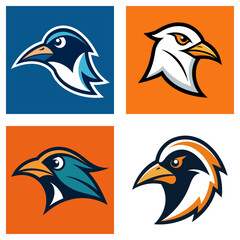 Obraz premium Four stylized bird head logos in square frames with different color schemes and design variations