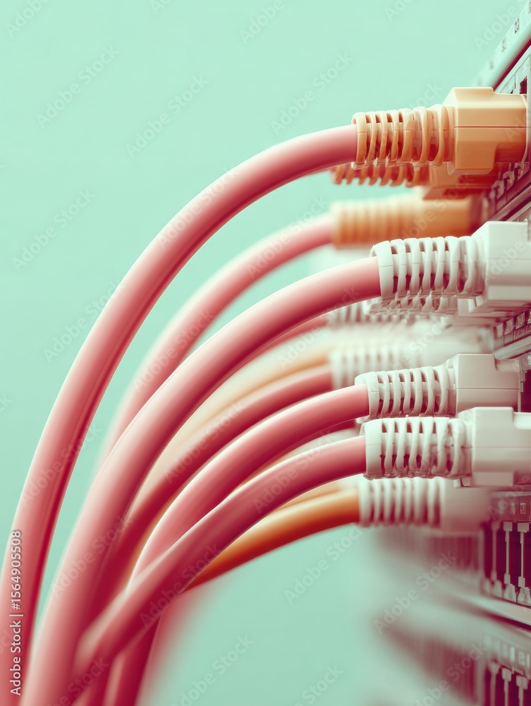 Poster Close-up of organized digital network backbone with pastel cables in server farm symbolizing efficient data transfer and modern digital infrastructure growth