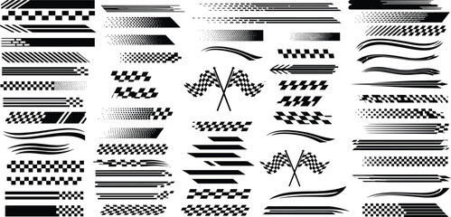 racing stripe vector set, race car vector, checkered flag designs, racing stripe speed, decal patterns, dynamic lines, competition, automotive graphics, black and white finish line motorsport