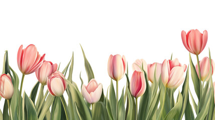 Obraz premium row of pink tulips in full bloom isolated on white background