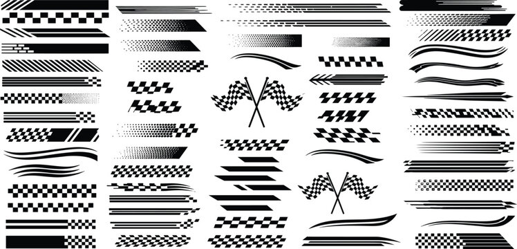 racing stripe vector set, race car vector, checkered flag designs, racing stripe speed, decal patterns, dynamic lines, competition, automotive graphics, black and white finish line motorsport