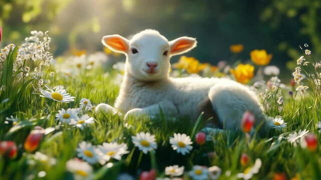Young lamb lying among colorful flowers in sunny meadow  
