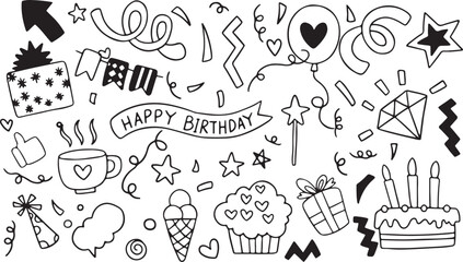Happy Birthday Doodle Vector with Cupcake, Hearts, Stars, Party Icons, Hand Drawn Black and White Style, Transparent Background