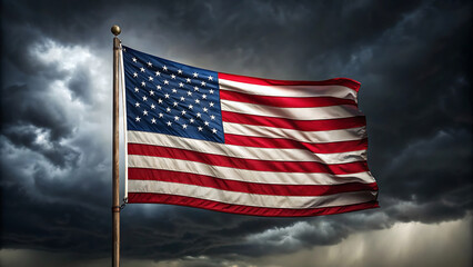 American Flag Waving Proudly Against a Dramatic Sky Symbolizing Patriotism and National Pride in the Face of Overwhelming Odds