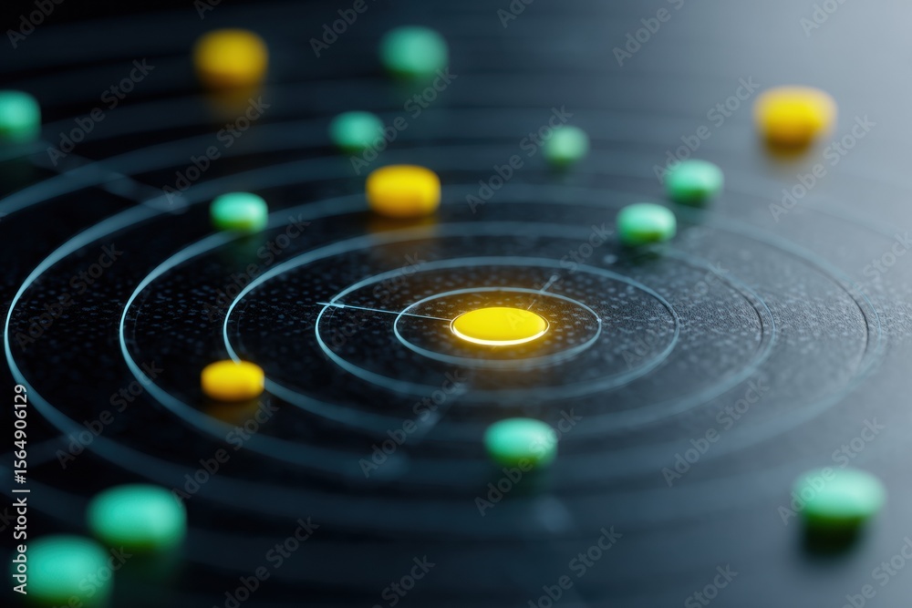 Poster Minimalist Radar Interface with Circular Grid and Highlighted Dots for Modern Security and Surveillance Marketing in Tech and Digital Trends