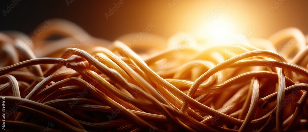 Poster modern chaos of tangled electronic charging cables in warm light representing connectivity issues an